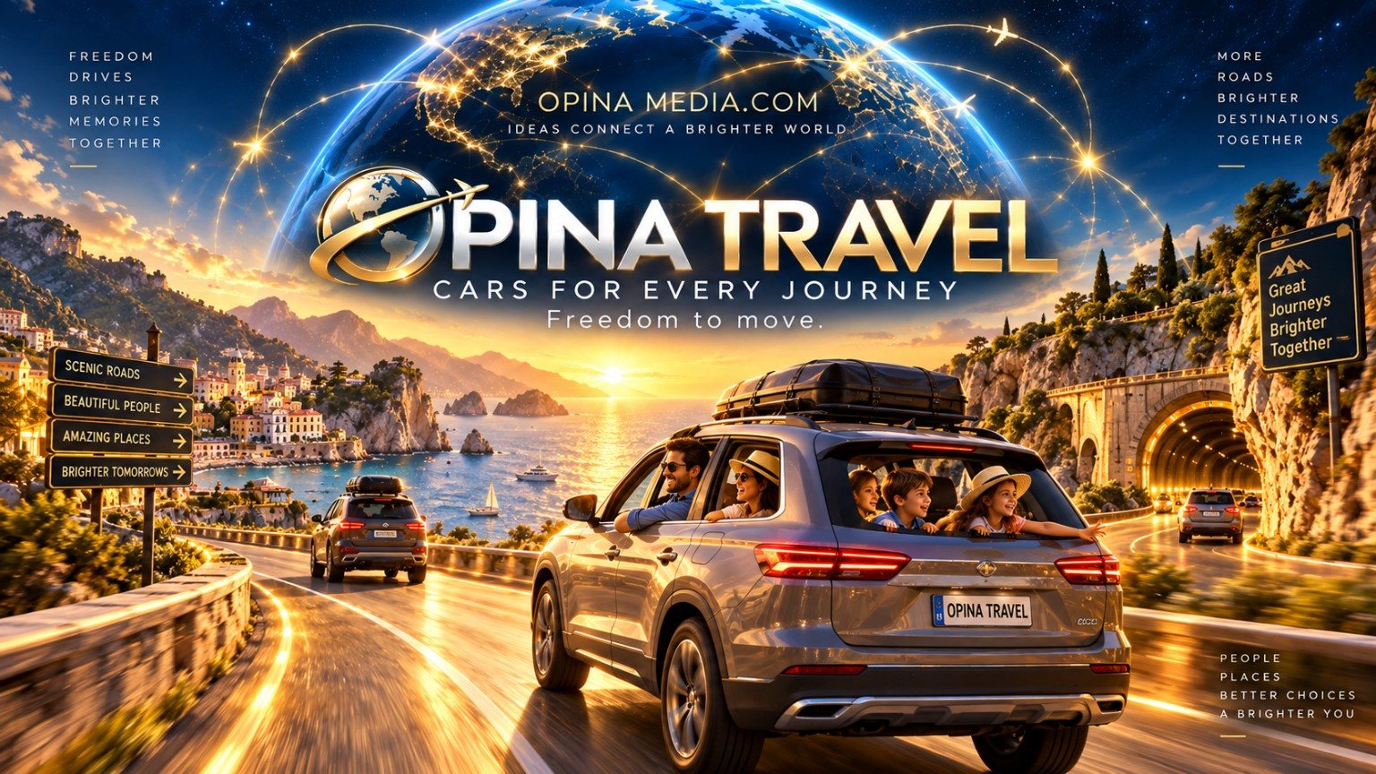 Family road trip visual for OPINA TRAVEL car rental comparison.