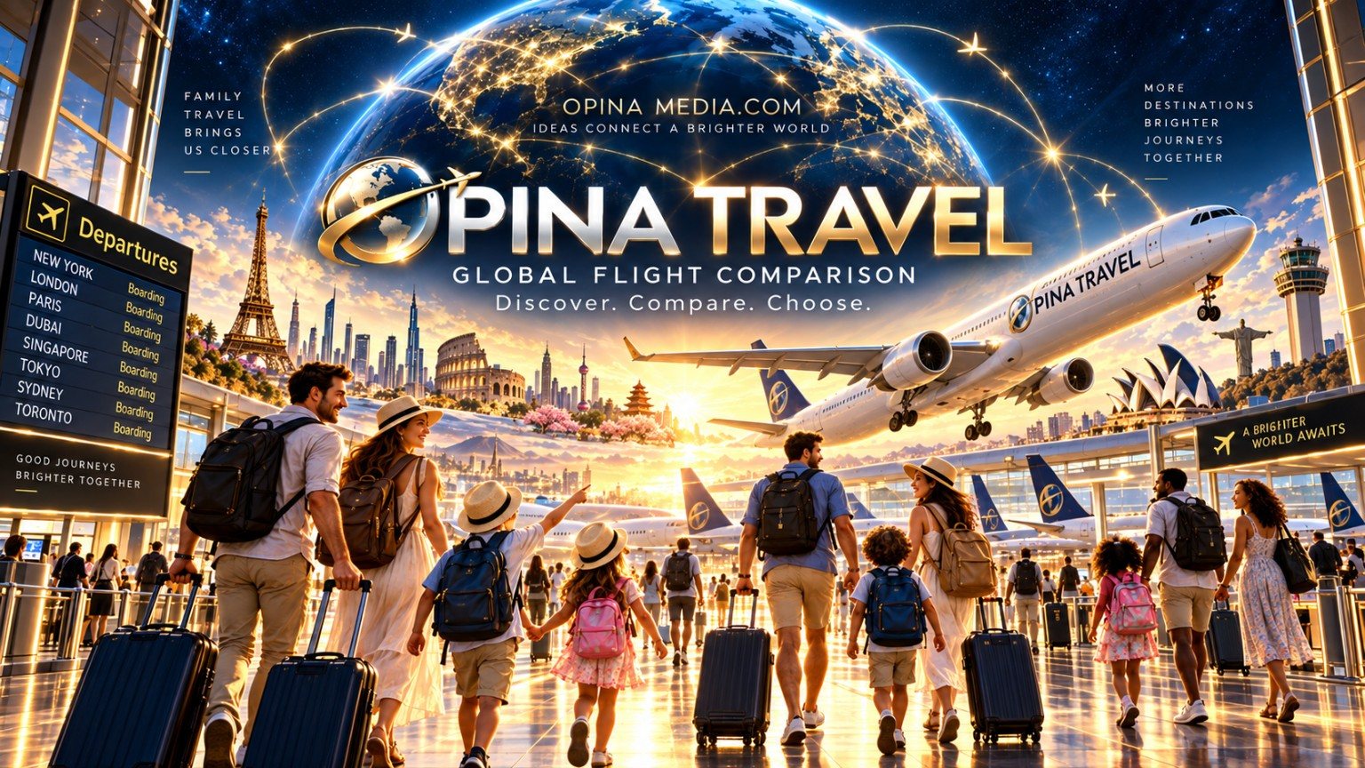 Family airport travel concept for comparing flight routes worldwide.