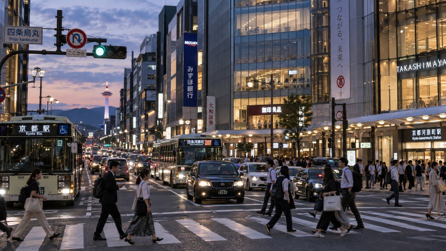 Travel themed Japanese city street at dusk.