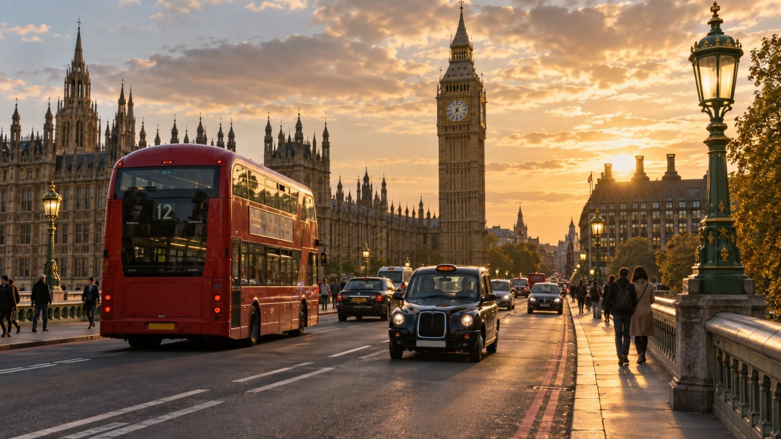 Travel themed London city scene with Westminster and a red bus.