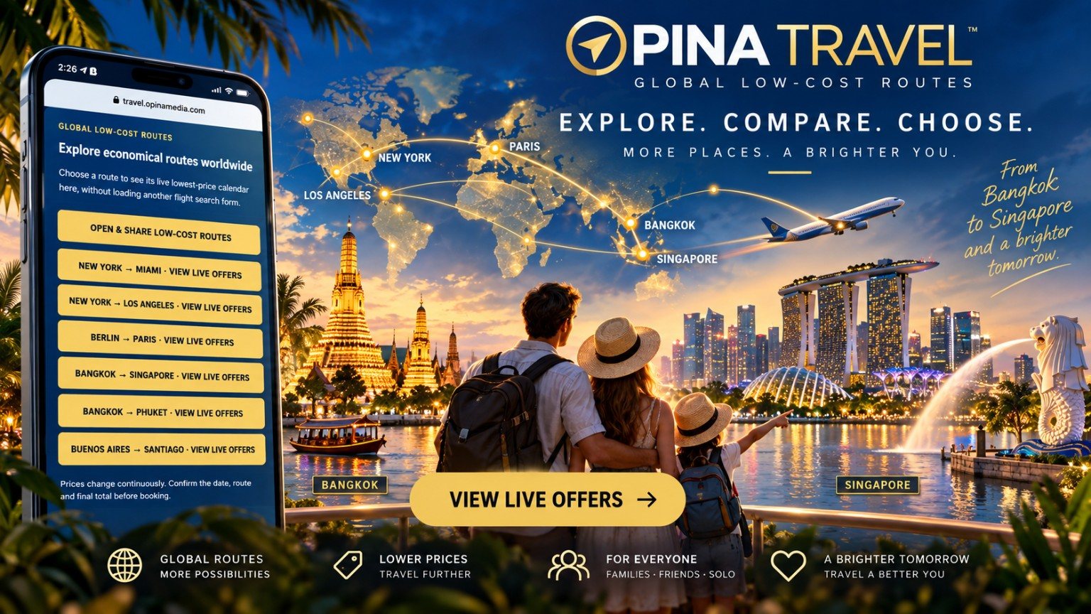 Illustrated campaign for OPINA TRAVEL worldwide low cost route comparisons.