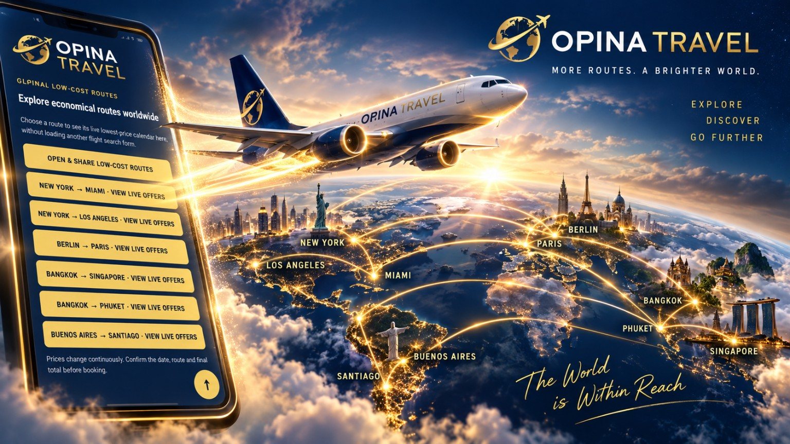 Illustrated OPINA TRAVEL worldwide route finder with flight destinations.