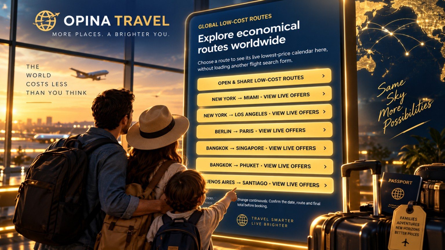 Illustrated low cost route finder for worldwide flight comparisons.