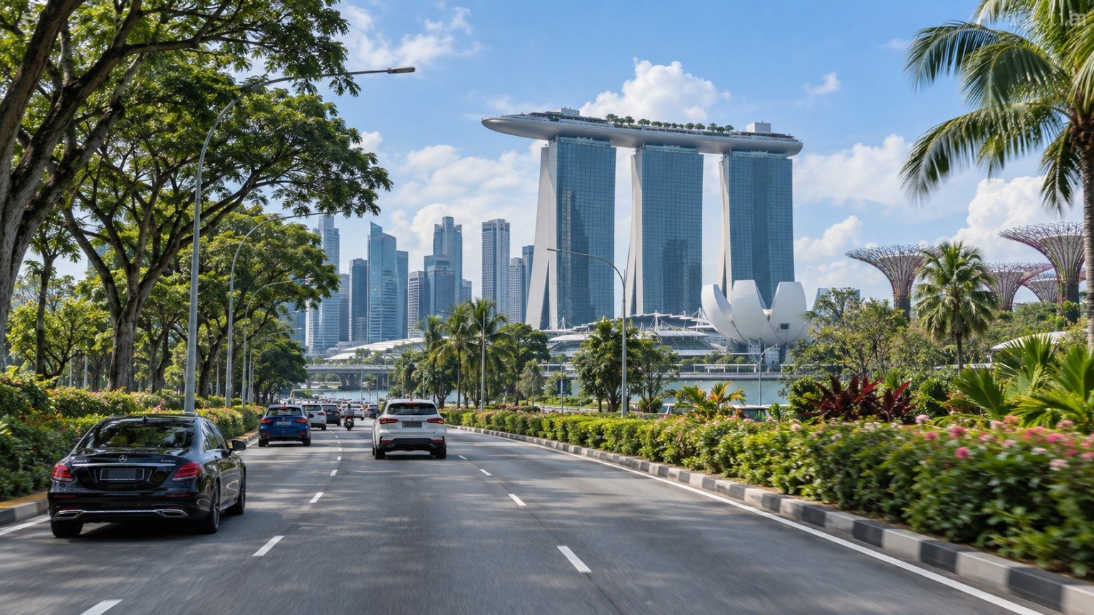Travel themed Singapore city scene near Marina Bay.