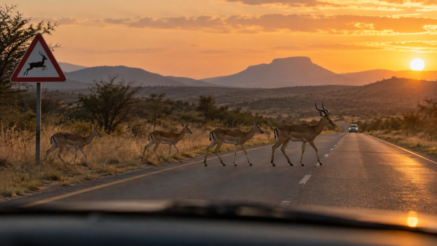 Travel themed road scene with wildlife at sunset.