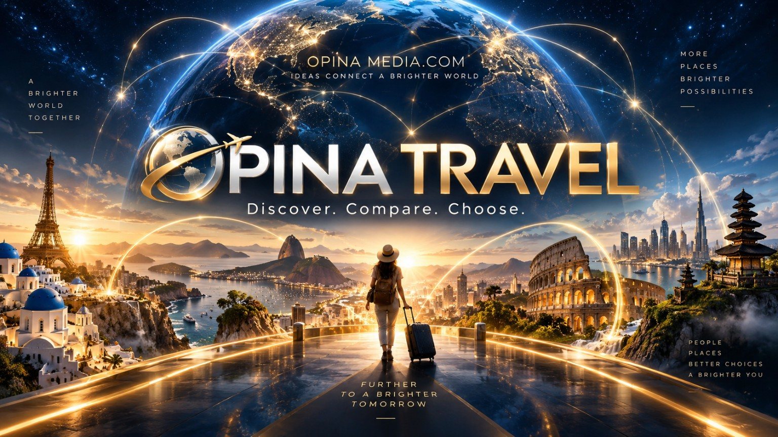 OPINA TRAVEL concept image showing global destinations and a traveler.